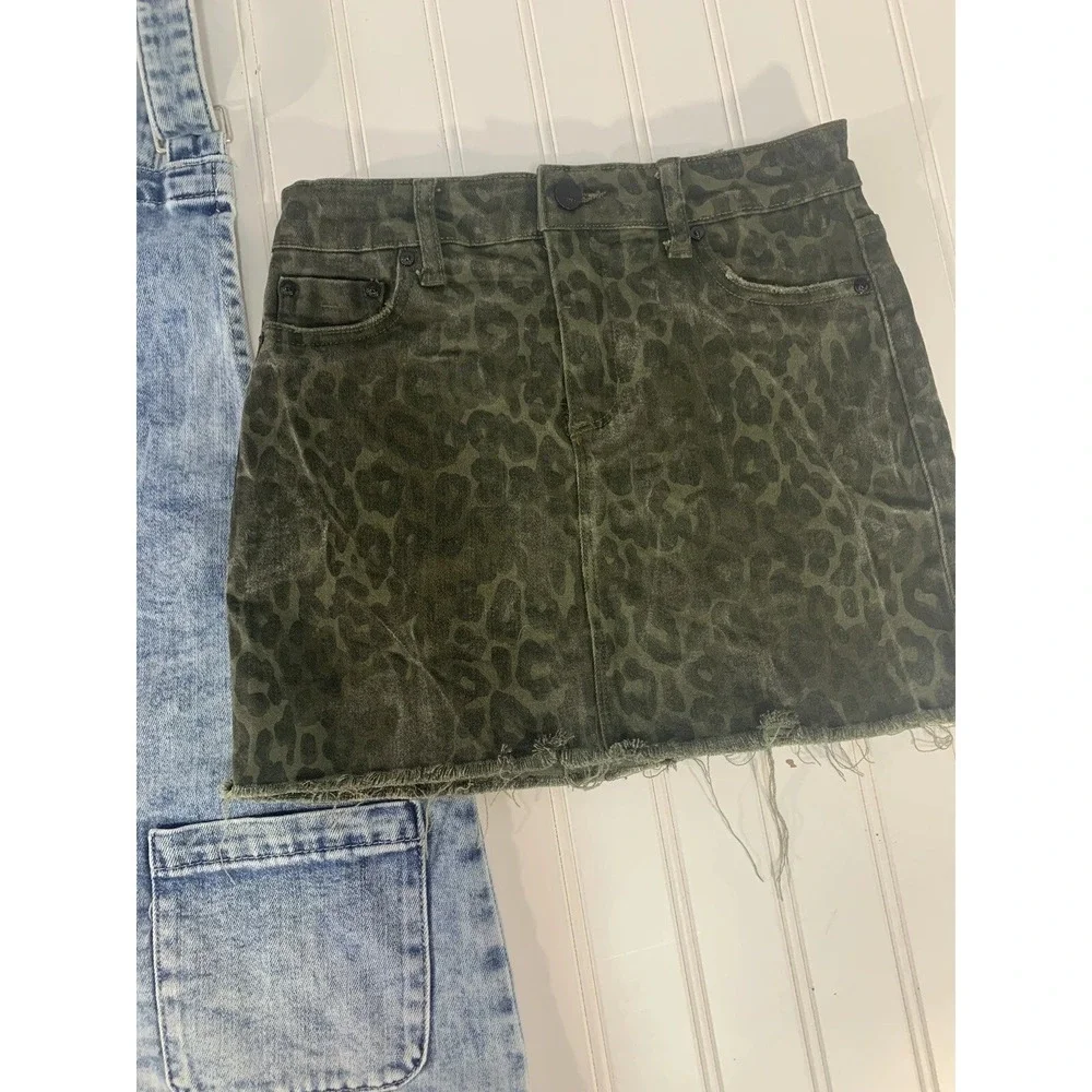 Tractr Skirt Dress Set Girls Medium Blue Olive Leopard Acid Wash Denim Y2K 2pc